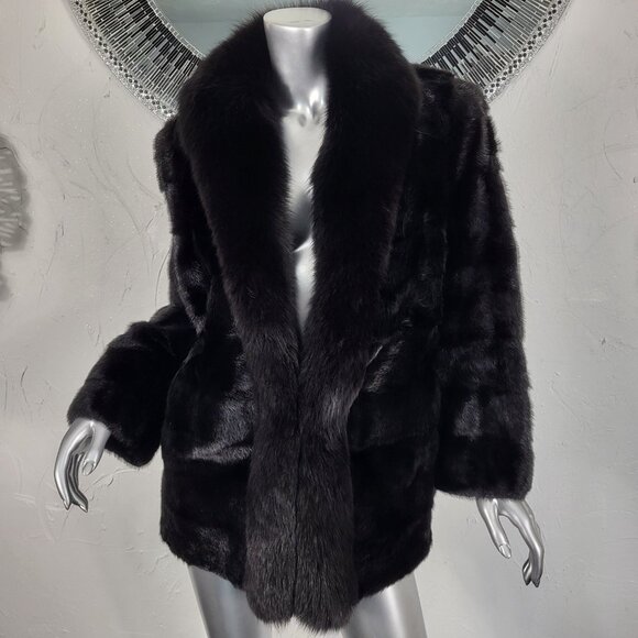 DITTRICH~M/L~VINTAGE TUXEDO BROWN GENUINE FOX FUR BLACK REAL MINK FUR COAT - Picture 1 of 16